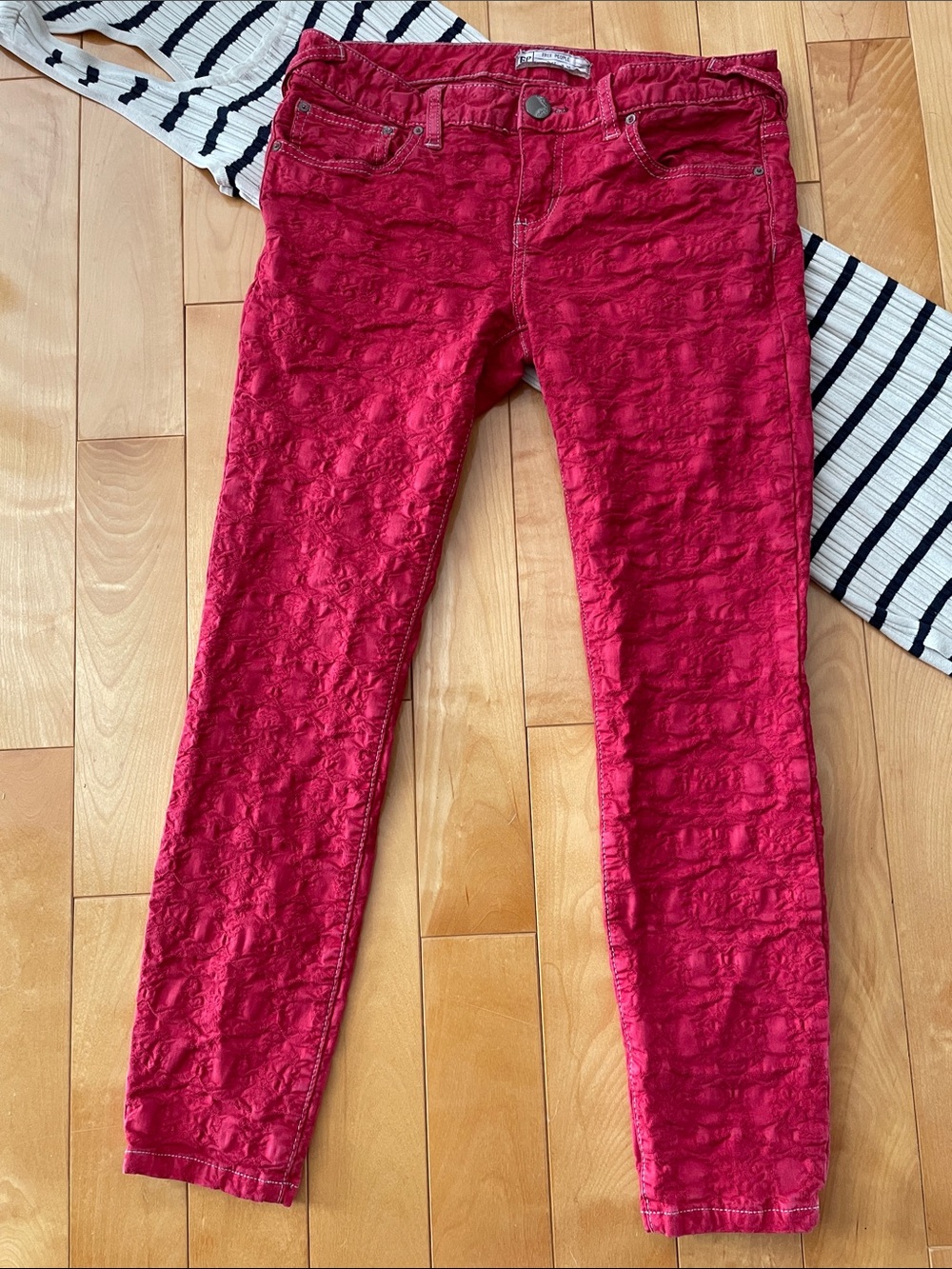 27.  FREE PEOPLE   Hot Textured Red Skinny Jeans